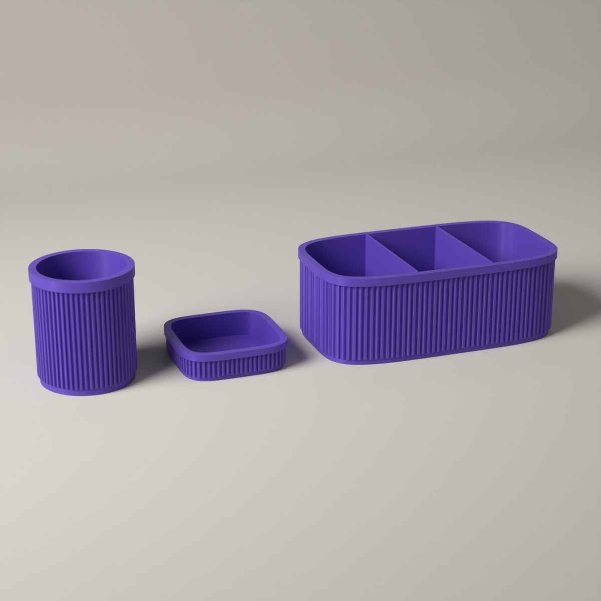 Ribbed Teacher Desk Organiser Set of 3 with Caddy, Pen Pot and Note Tray in purple
