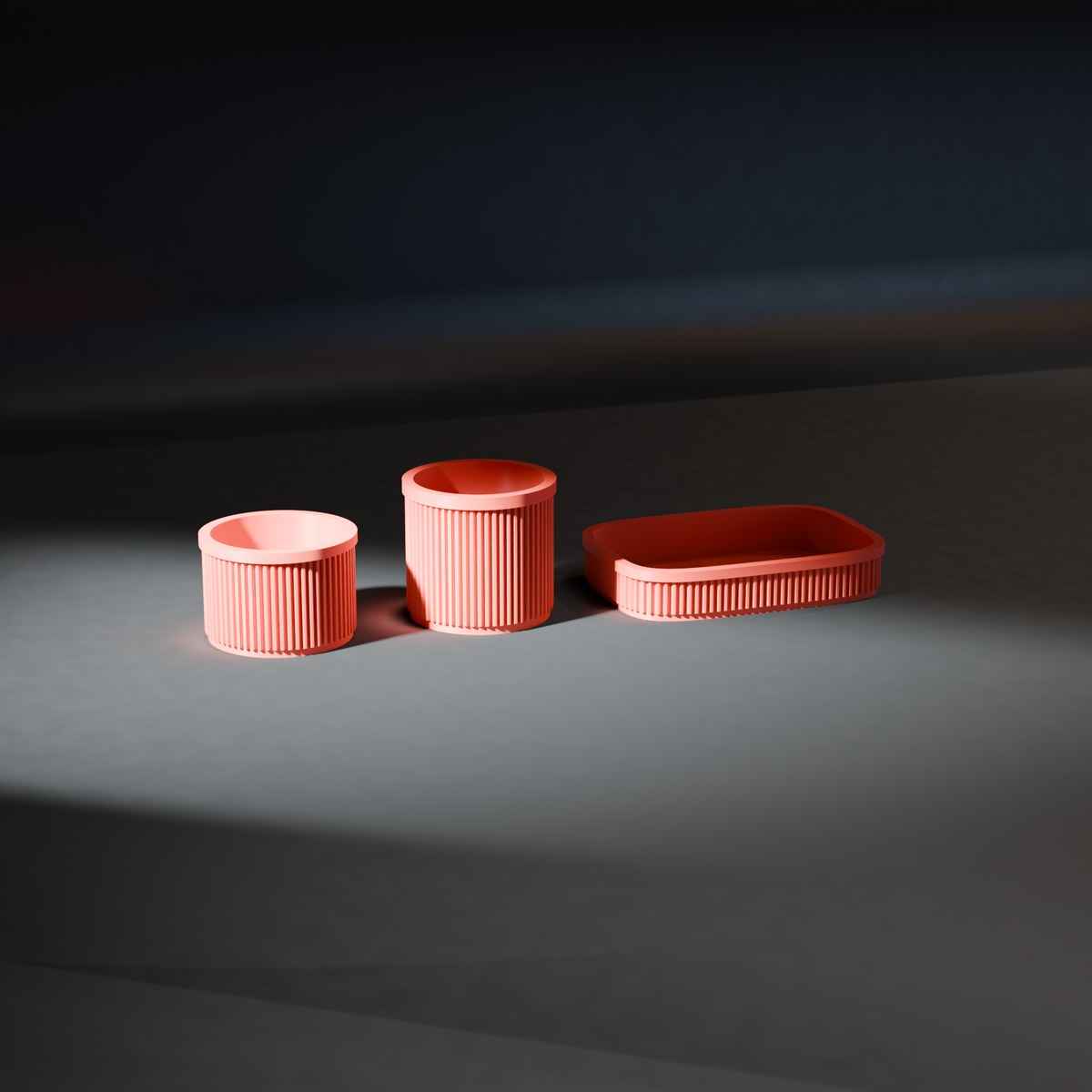Ribbed Bathroom Organiser Set of 3 with Tray, Pot and Cotton Pad Holder in red