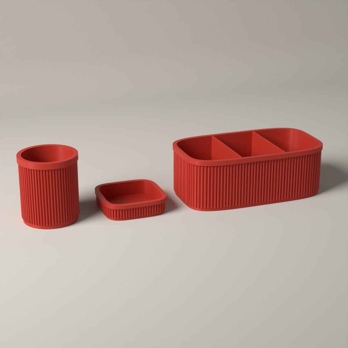Ribbed Teacher Desk Organiser Set of 3 with Caddy, Pen Pot and Note Tray in red