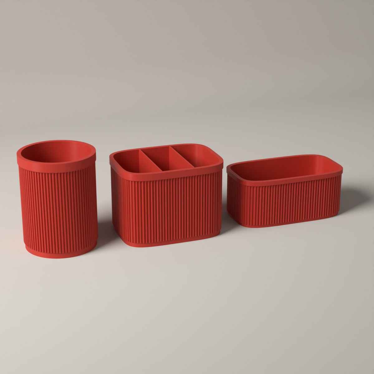 Ribbed Kitchen Counter Organiser Set of 3 with Caddy, Utensil Pot and Stand in red