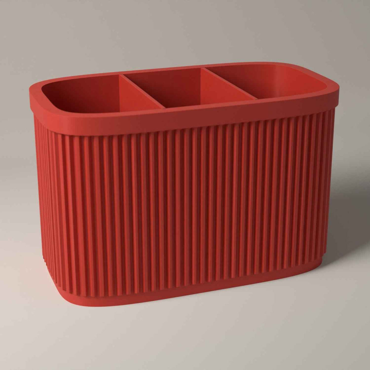 Ribbed Pen Holder with 3 Compartments for Desk Organisation in red