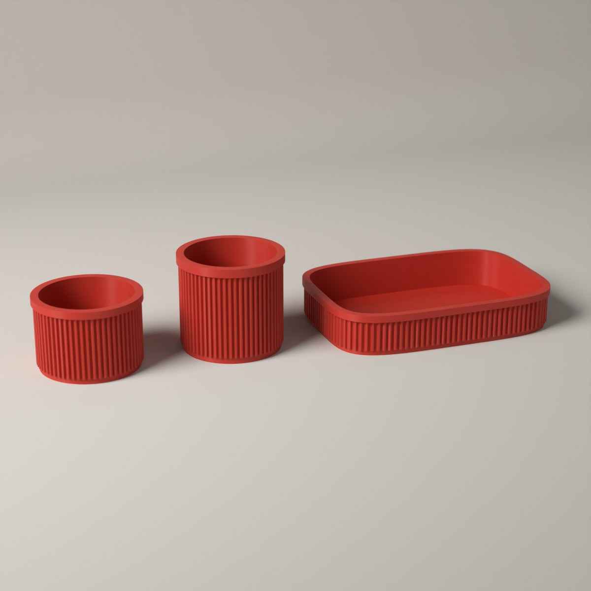 Ribbed Bathroom Counter Organiser Set of 3 with Tray and 2 Holders in red