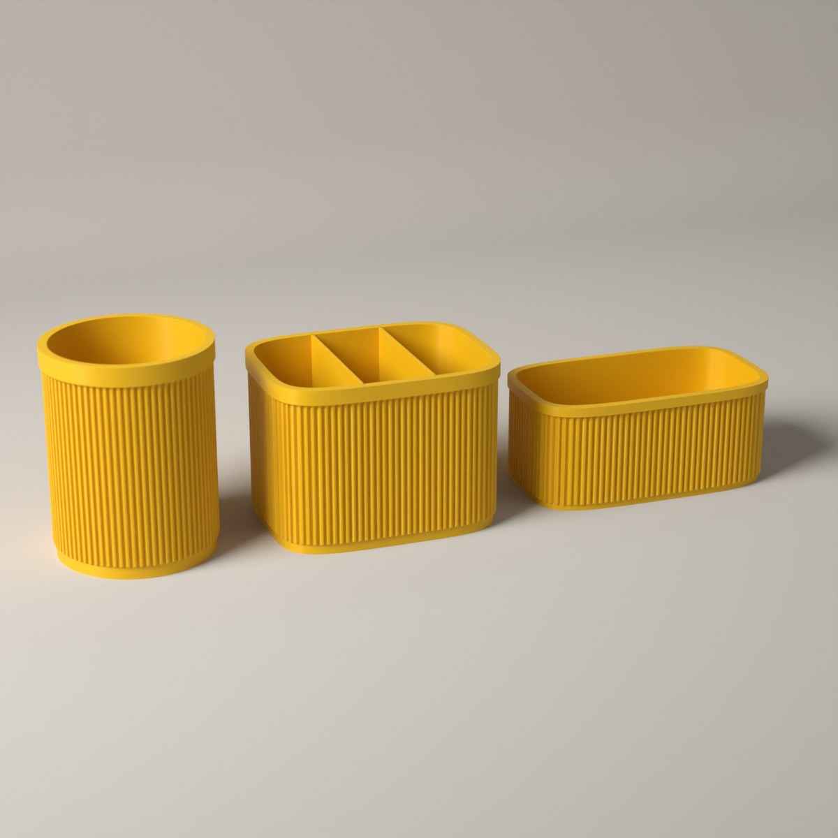 Ribbed Kitchen Counter Organiser Set of 3 with Caddy, Utensil Pot and Stand in sunflower yellow
