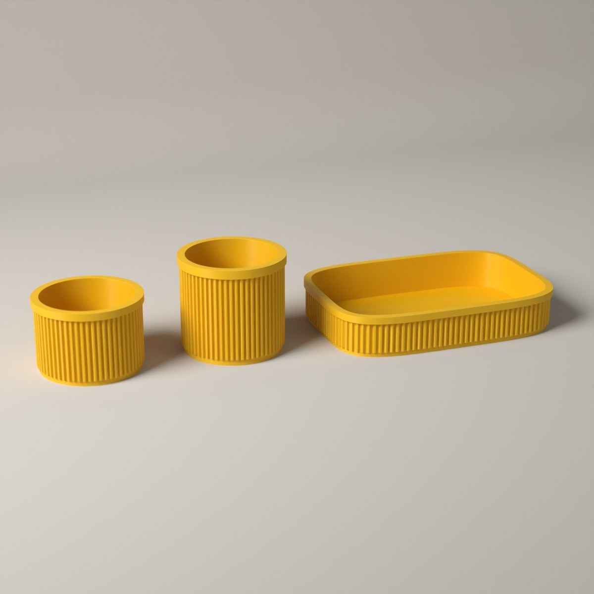 Ribbed Bathroom Counter Organiser Set of 3 with Tray and 2 Holders in sunflower yellow