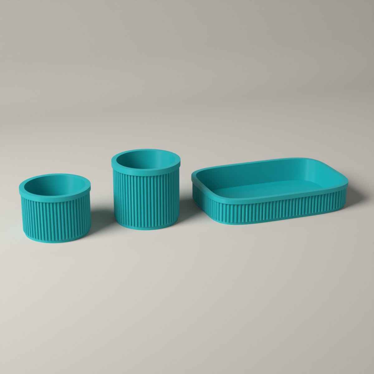 Ribbed Bathroom Counter Organiser Set of 3 with Tray and 2 Holders in turquoise