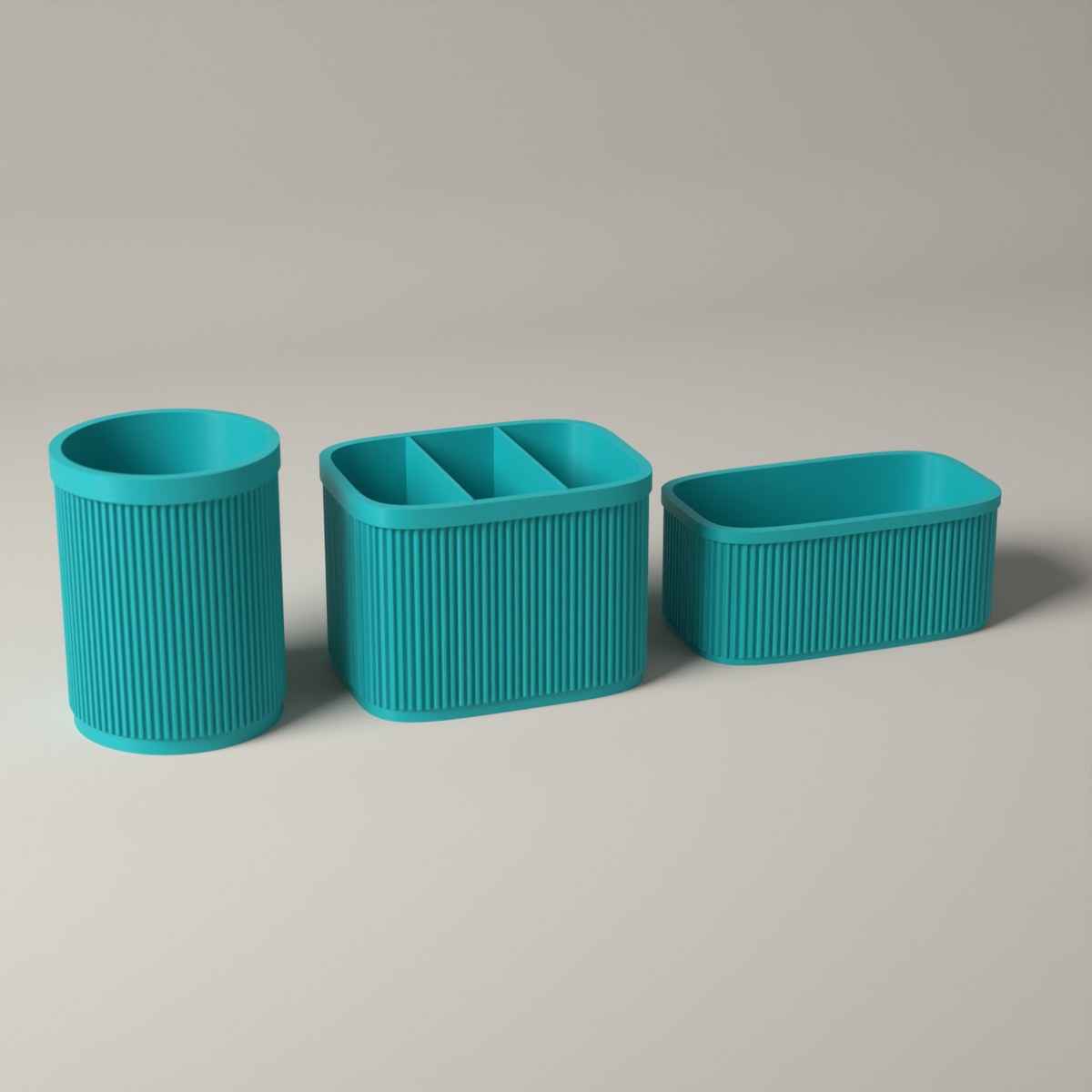 Ribbed Kitchen Counter Organiser Set of 3 with Caddy, Utensil Pot and Stand in turquoise