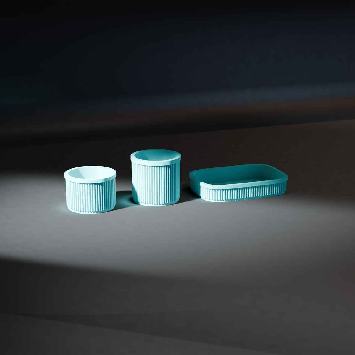 Ribbed Bathroom Organiser Set of 3 with Tray, Pot and Cotton Pad Holder in turquoise