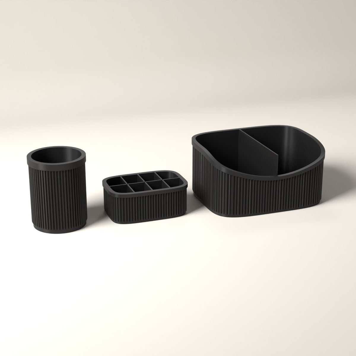 Ribbed Makeup Organiser Set of 3 with Caddy, Brush and Lipstick Holders in black