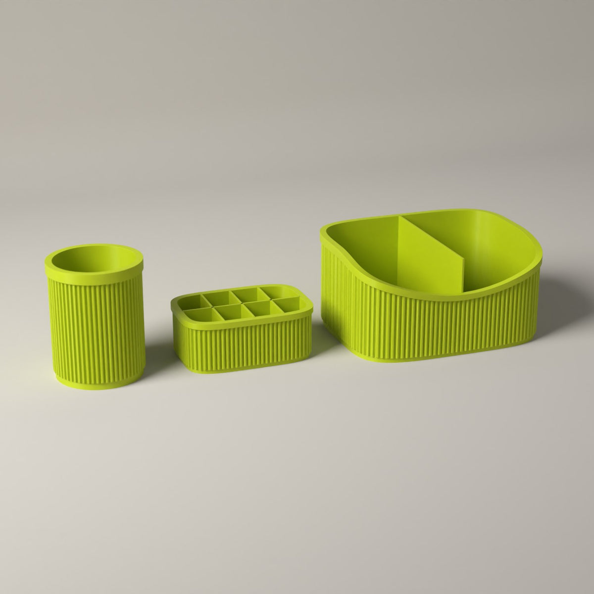 Ribbed Makeup Organiser Set of 3 with Caddy, Brush and Lipstick Holders in bright green