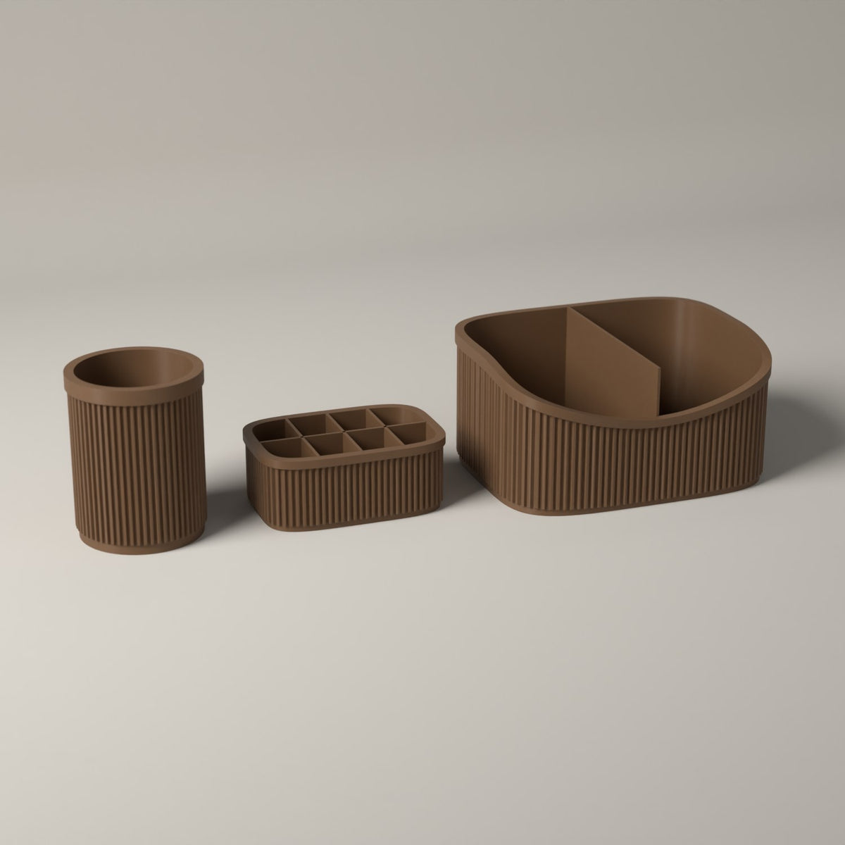 Ribbed Makeup Organiser Set of 3 with Caddy, Brush and Lipstick Holders in cocoa brown