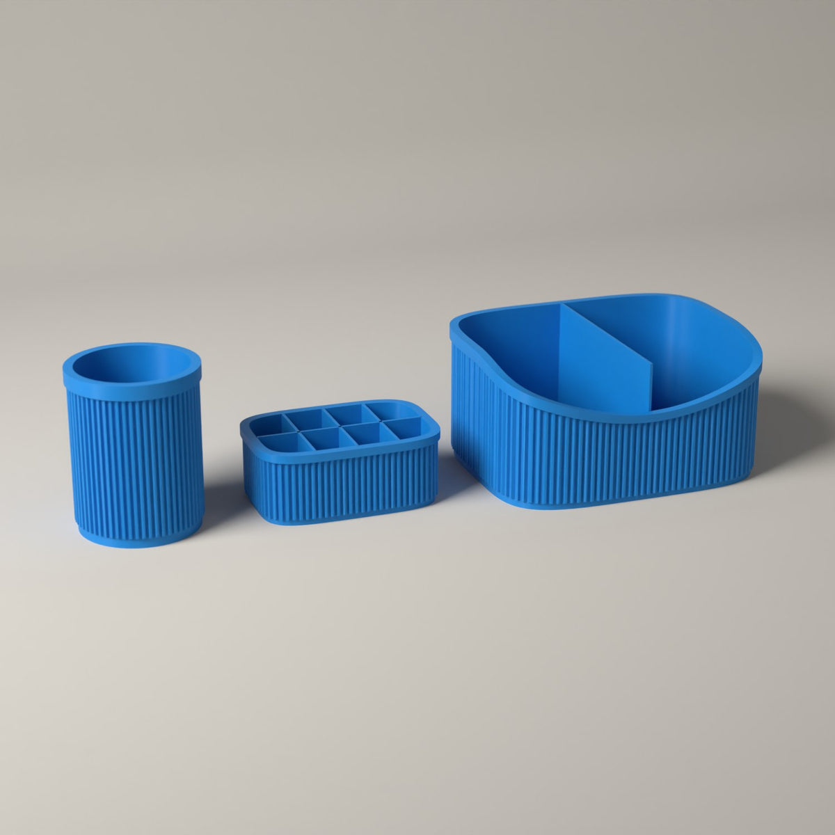 Ribbed Makeup Organiser Set of 3 with Caddy, Brush and Lipstick Holders in cyan