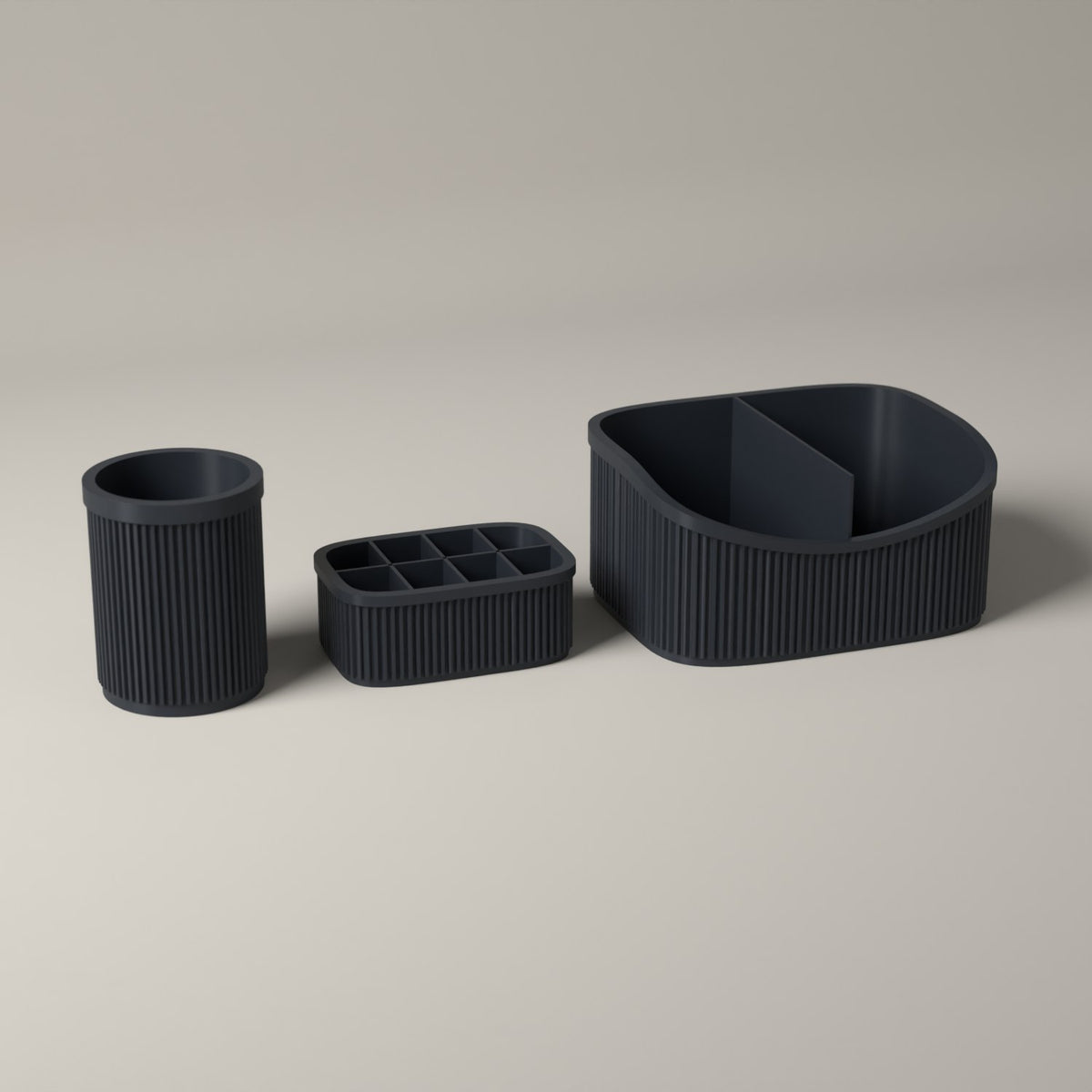 Ribbed Makeup Organiser Set of 3 with Caddy, Brush and Lipstick Holders in grey
