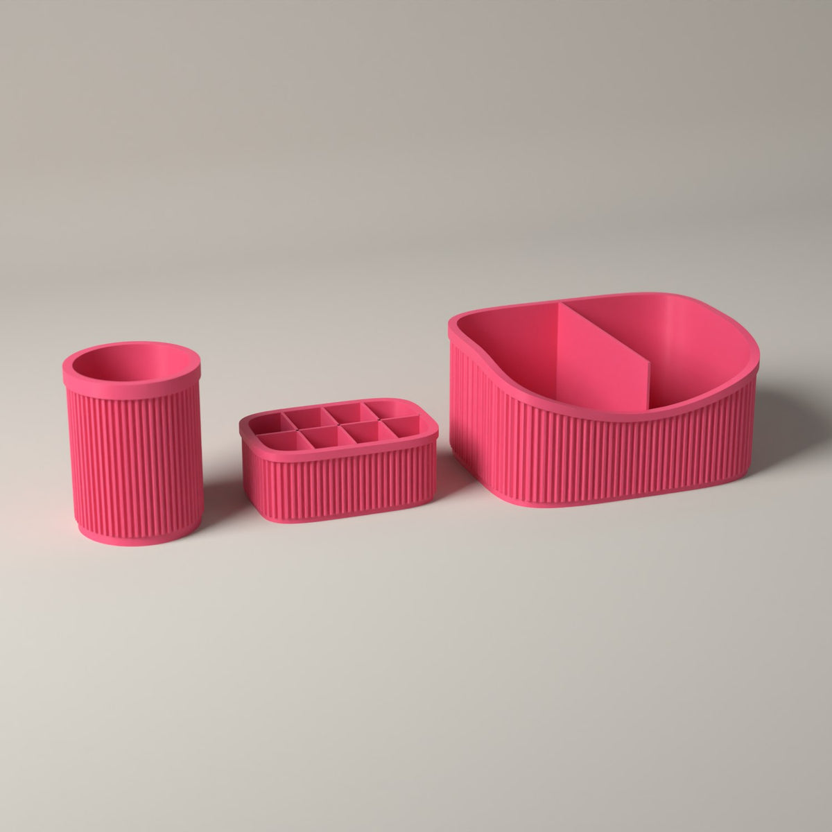 Ribbed Makeup Organiser Set of 3 with Caddy, Brush and Lipstick Holders in hot pink