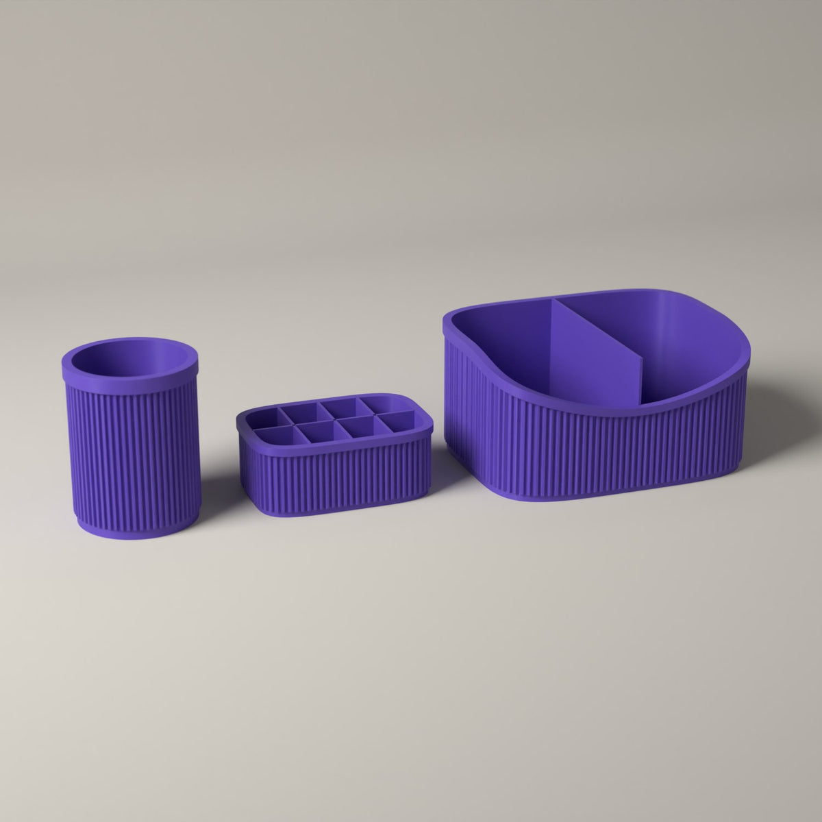 Ribbed Makeup Organiser Set of 3 with Caddy, Brush and Lipstick Holders in purple