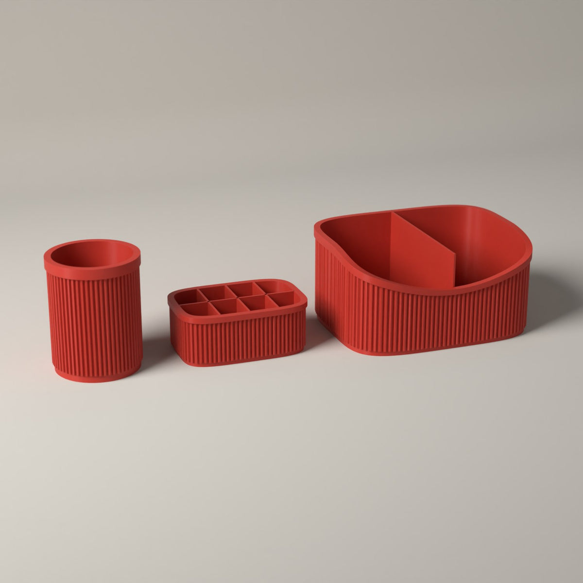 Ribbed Makeup Organiser Set of 3 with Caddy, Brush and Lipstick Holders in red