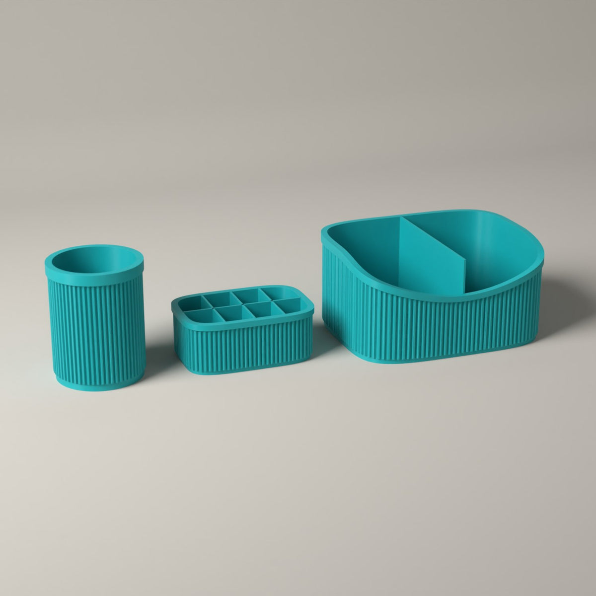 Ribbed Makeup Organiser Set of 3 with Caddy, Brush and Lipstick Holders in turquoise