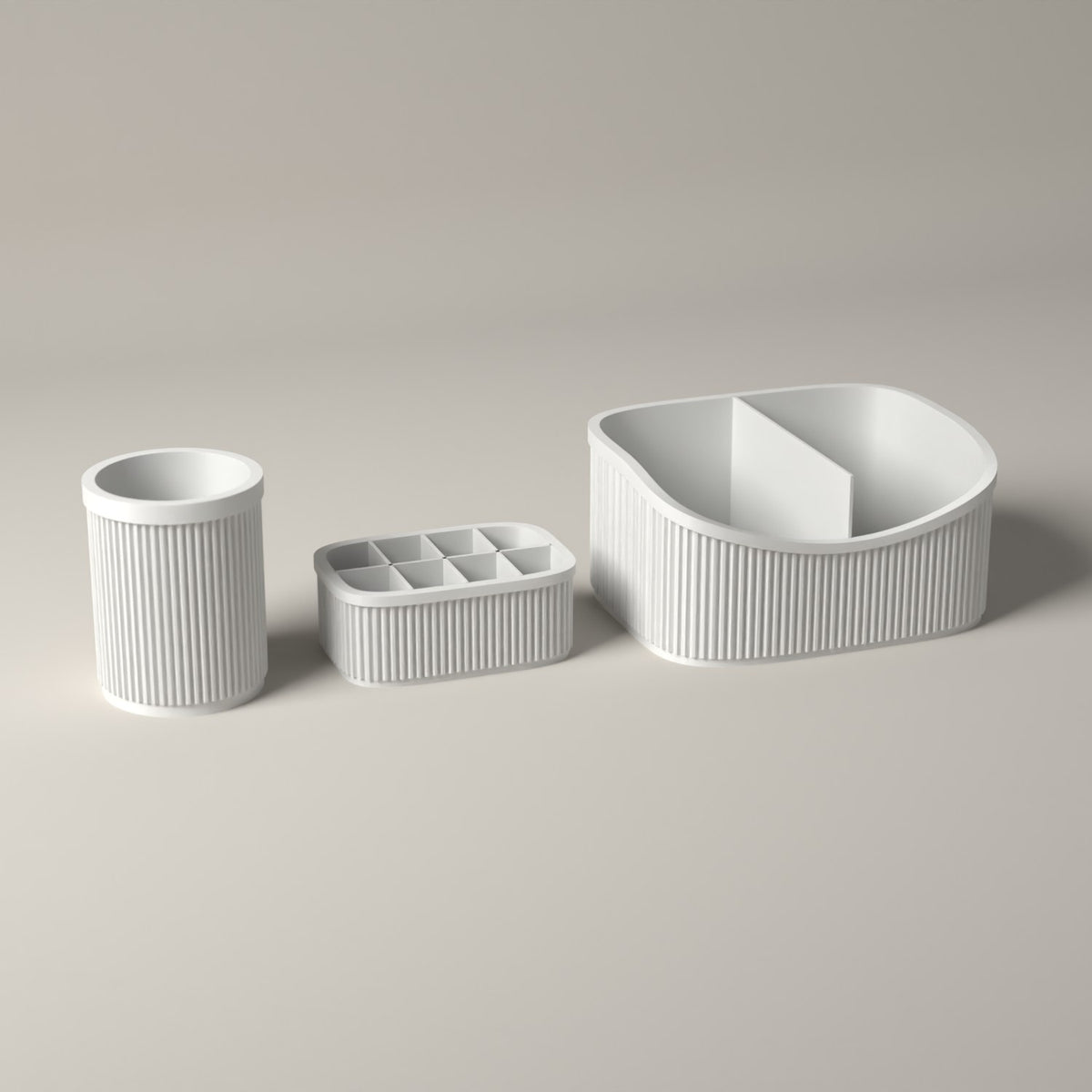 Ribbed Makeup Organiser Set of 3 with Caddy, Brush and Lipstick Holders in white