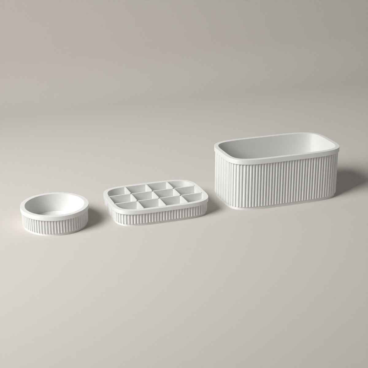 Ribbed Jewellery Organiser Set of 3 with Stand, Ring Dish and Earring Tray in white