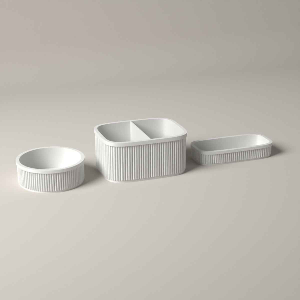 Ribbed Bedside Organiser Set of 3 - Caddy, Key Bowl and Glasses Tray in white