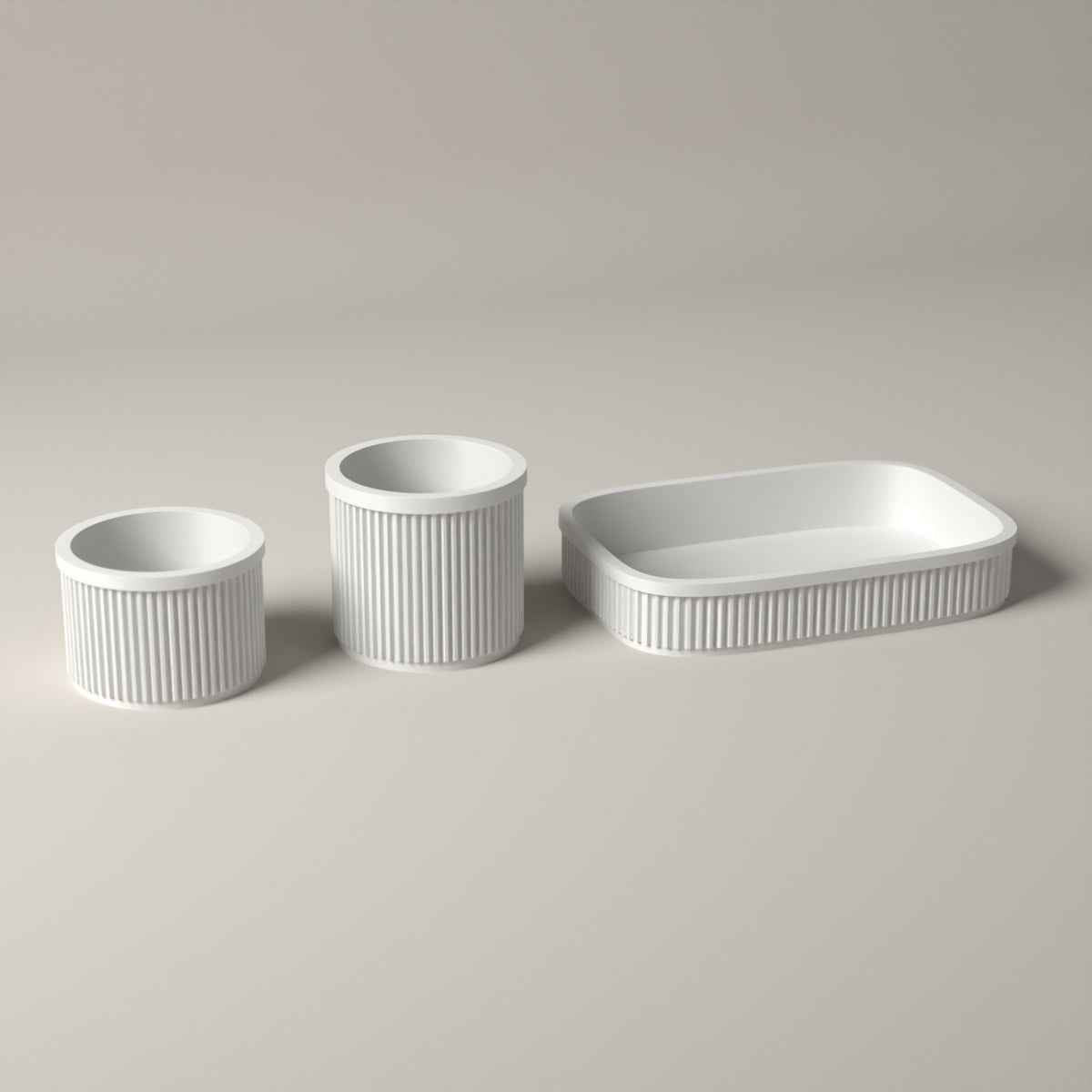 Ribbed Bathroom Counter Organiser Set of 3 with Tray and 2 Holders in white