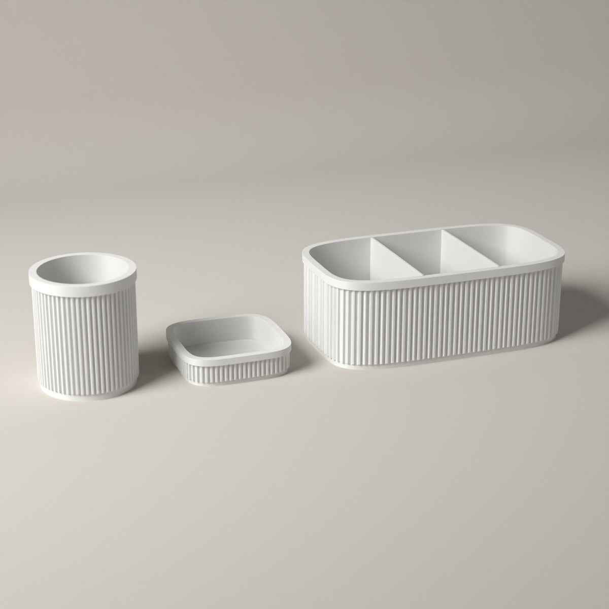 Ribbed Teacher Desk Organiser Set of 3 with Caddy, Pen Pot and Note Tray in white