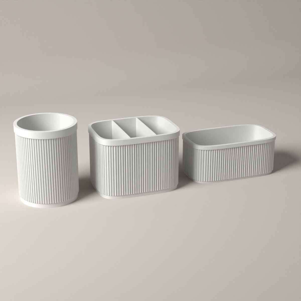 Ribbed Kitchen Counter Organiser Set of 3 with Caddy, Utensil Pot and Stand in white