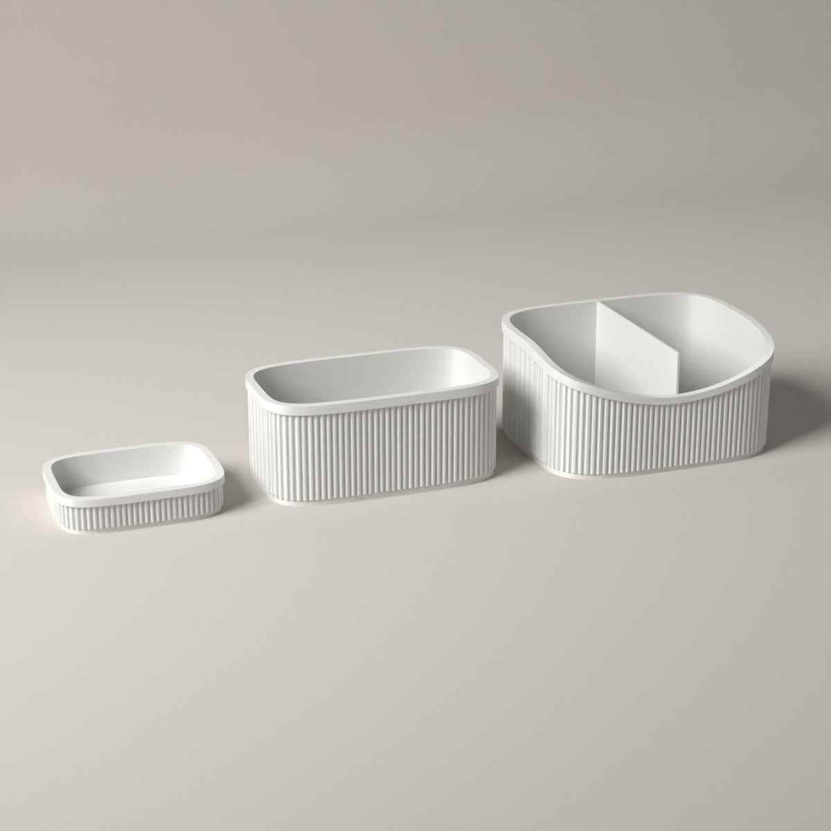 Ribbed Dressing Table Organiser Set of 3 - Caddy, Stand and Tray in white